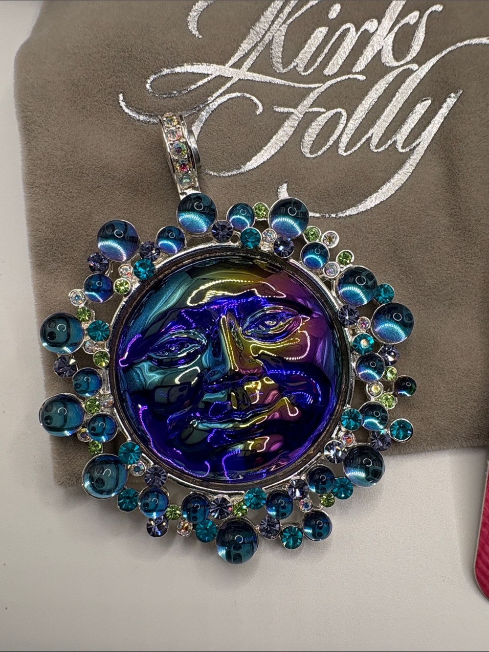 Kirks Folly Iridescent Blue Green Purple Moon Face Pendant